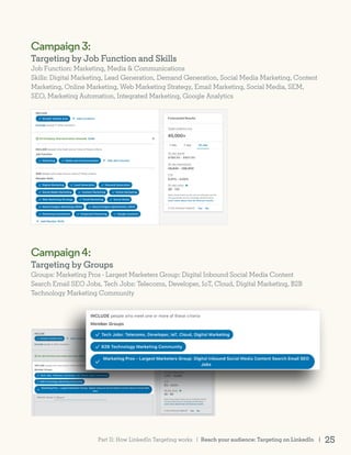 Campaign4:
Targeting by Groups
Groups: Marketing Pros - Largest Marketers Group: Digital Inbound Social Media Content
Search Email SEO Jobs, Tech Jobs: Telecoms, Developer, IoT, Cloud, Digital Marketing, B2B
Technology Marketing Community
Campaign3:
Targeting by Job Function and Skills
Job Function: Marketing, Media & Communications
Skills: Digital Marketing, Lead Generation, Demand Generation, Social Media Marketing, Content
Marketing, Online Marketing, Web Marketing Strategy, Email Marketing, Social Media, SEM,
SEO, Marketing Automation, Integrated Marketing, Google Analytics
Reach your audience: Targeting on LinkedIn | 25Part II: How LinkedIn Targeting works |
 