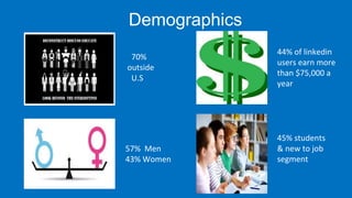 Demographics
44% of linkedin
users earn more
than $75,000 a
year
70%
outside
U.S
57% Men
43% Women
45% students
& new to job
segment
 