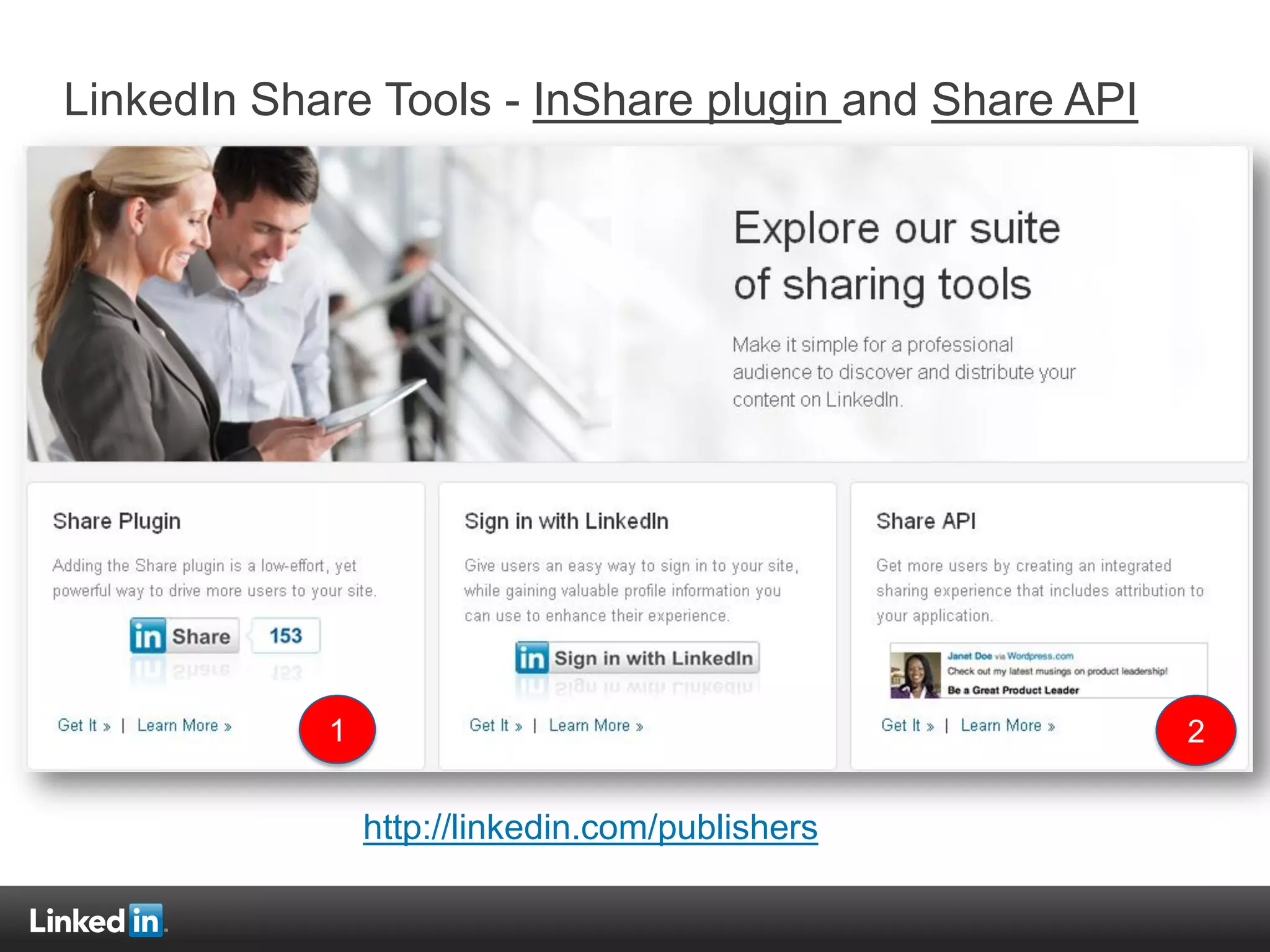 LinkedIn Share Tools - InShare plugin and Share API
http://linkedin.com/publishers
1 2
 