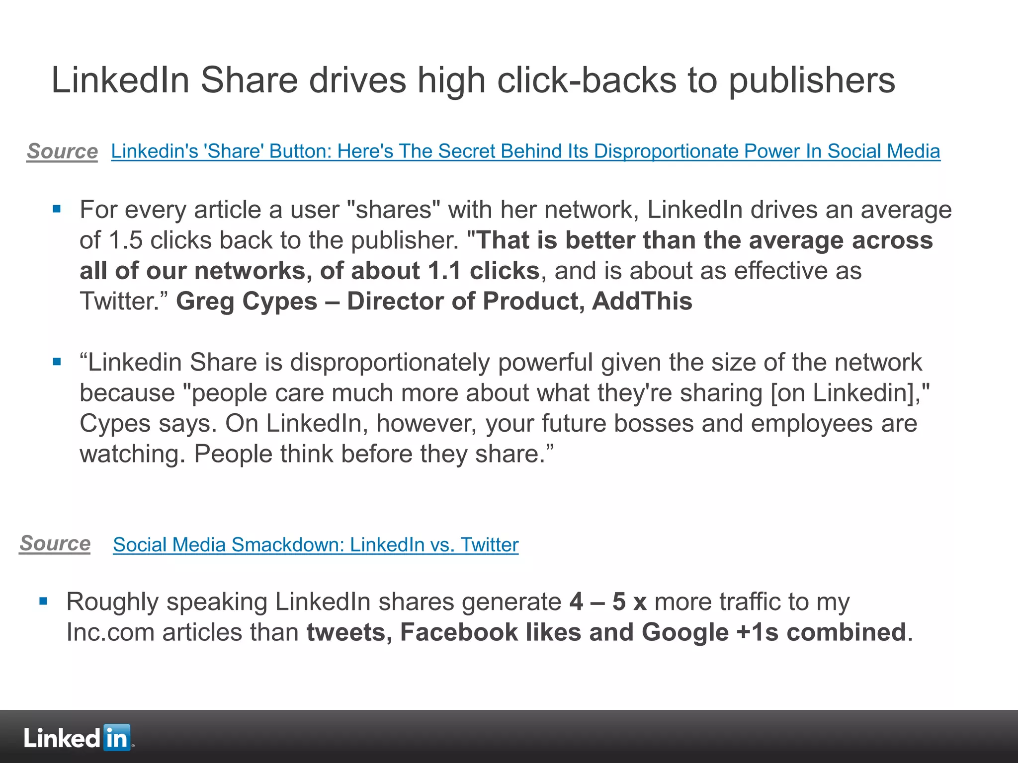 LinkedIn Share drives high click-backs to publishers
 For every article a user "shares" with her network, LinkedIn drives an average
of 1.5 clicks back to the publisher. "That is better than the average across
all of our networks, of about 1.1 clicks, and is about as effective as
Twitter.” Greg Cypes – Director of Product, AddThis
 “Linkedin Share is disproportionately powerful given the size of the network
because "people care much more about what they're sharing [on Linkedin],"
Cypes says. On LinkedIn, however, your future bosses and employees are
watching. People think before they share.”
Linkedin's 'Share' Button: Here's The Secret Behind Its Disproportionate Power In Social MediaSource
Source Social Media Smackdown: LinkedIn vs. Twitter
 Roughly speaking LinkedIn shares generate 4 – 5 x more traffic to my
Inc.com articles than tweets, Facebook likes and Google +1s combined.
 