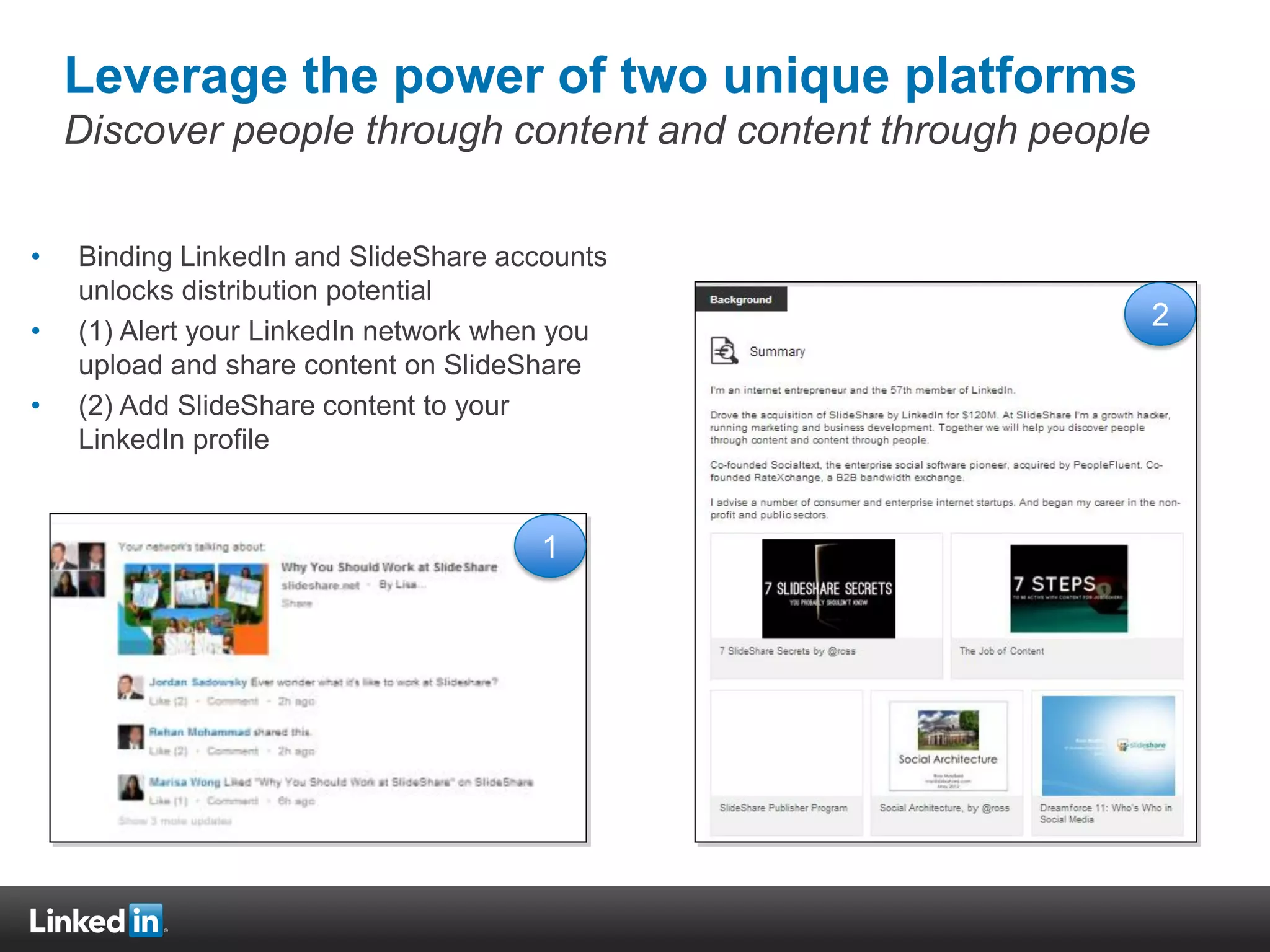 Leverage the power of two unique platforms
Discover people through content and content through people
• Binding LinkedIn and SlideShare accounts
unlocks distribution potential
• (1) Alert your LinkedIn network when you
upload and share content on SlideShare
• (2) Add SlideShare content to your
LinkedIn profile
1
2
 