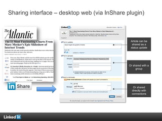 Sharing interface – desktop web (via InShare plugin)
Article can be
shared as a
status update
Or shared
directly with
connections
Or shared with a
group
 