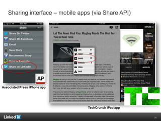 Sharing interface – mobile apps (via Share API)
25
Associated Press iPhone app
TechCrunch iPad app
 