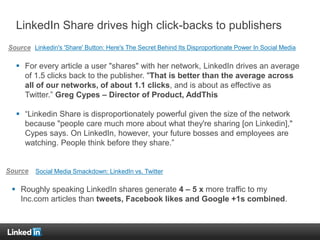 LinkedIn Share drives high click-backs to publishers
 For every article a user "shares" with her network, LinkedIn drives an average
of 1.5 clicks back to the publisher. "That is better than the average across
all of our networks, of about 1.1 clicks, and is about as effective as
Twitter.” Greg Cypes – Director of Product, AddThis
 “Linkedin Share is disproportionately powerful given the size of the network
because "people care much more about what they're sharing [on Linkedin],"
Cypes says. On LinkedIn, however, your future bosses and employees are
watching. People think before they share.”
Linkedin's 'Share' Button: Here's The Secret Behind Its Disproportionate Power In Social MediaSource
Source Social Media Smackdown: LinkedIn vs. Twitter
 Roughly speaking LinkedIn shares generate 4 – 5 x more traffic to my
Inc.com articles than tweets, Facebook likes and Google +1s combined.
 
