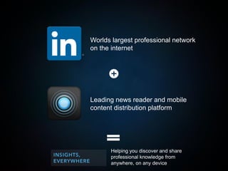 Worlds largest professional network
on the internet
Leading news reader and mobile
content distribution platform
Helping you discover and share
professional knowledge from
anywhere, on any device
 