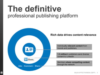 SALES EFFECTIVENESS (SEFF)
The definitive
professional publishing platform
8
Rich data drives content relevance
1.3 million+ publishers send diverse
content to LinkedIn
Members share compelling content
through the network
Individually relevant content from
brands and publishers
 