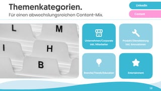 Lorem Ipsum
18
Unternehmen/Corporate
inkl. Mitarbeiter
Entertainment
Themenkategorien.
Für einen abwechslungsreichen Content-Mix.
Produkt/Dienstleistung
inkl. Innovationen
Branche/Trends/Education
LinkedIn
Content
 