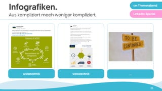 25
weisstechnik weisstechnik …
Infografiken.
Aus kompliziert mach weniger kompliziert.
cm Themenabend
LinkedIn-Special
 