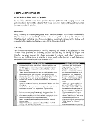SOCIAL	
  MEDIA	
  EXPANSION	
  	
  
	
  
HYPOTHESIS	
  1	
  –	
  USING	
  MORE	
  PLATFORMS	
  
By	
   expanding	
   Ultrafit’s	
   social	
   media	
   presence	
   to	
   more	
   platforms,	
   and	
   engaging	
   current	
   and	
  
potential	
   clients	
   there	
   will	
   be	
   a	
   total	
   of	
   forty	
   more	
   customers	
   that	
   would	
   have	
   otherwise	
   not	
  
have	
  connected	
  with	
  Ultrafit.	
  
	
  
	
  
PROCEDURE	
  
Using	
  secondary	
  research	
  regarding	
  social	
  media	
  platforms	
  and	
  best	
  practices	
  for	
  social	
  media	
  in	
  
the	
   industry	
   we	
   have	
   identified	
   potential	
   social	
   media	
   platforms	
   that	
   could	
   add	
   value	
   to	
  
Ultrafit’s	
   digital	
   marketing	
   mix.	
   If	
   recommendations	
   were	
   implemented,	
   further	
   testing	
   and	
  
evaluation	
  of	
  the	
  platforms	
  effectiveness	
  would	
  need	
  to	
  be	
  conducted!	
  
	
  
	
  
ANALYSIS	
  
The	
   social	
   media	
   channels	
   Ultrafit	
   is	
   currently	
   employing	
   are	
   limited	
   to	
   include	
   Facebook	
   and	
  
Twitter.	
   These	
   platforms	
   are	
   incredibly	
   valuable	
   because	
   they	
   are	
   among	
   the	
   largest	
   and	
  
therefore	
   can	
   grant	
   exposure	
   to	
   a	
   large	
   percentage	
   of	
   customers	
   and	
   industry	
   influencers.	
  
However,	
   we	
   feel	
   that	
   there	
   is	
   potential	
   in	
   other	
   social	
   media	
   channels	
   as	
   well.	
   Below	
   we	
  
explore	
  the	
  opportunities	
  other	
  social	
  networks	
  hold:	
  
	
  

Pinterest	
  

Google+	
  

	
  

	
  

POSITIVE	
  IMPLICATIONS	
  
NEGATIVE	
  IMPLICATIONS	
  
• Improved	
  search	
  results	
  that	
  will	
  gain	
  invaluable	
  exposure	
  in	
  a	
  
• You	
  cannot	
  have	
  administrative	
  
highly	
  competitive	
  environment.	
  Websites	
  using	
  the	
  +1	
  button	
  
help	
  on	
  Google+	
  like	
  you	
  can	
  on	
  
generate	
  3.5	
  times	
  more	
  visits	
  than	
  sites	
  without	
  the	
  button	
  
Facebook	
  or	
  other	
  sites.	
  	
  
(Hubspot,	
  2013).	
  
• Google+	
  has	
  a	
  growing	
  user	
  base	
  
• Target	
  specific	
  consumer	
  groups.	
  You	
  can	
  create	
  different	
  circles	
  
but	
  research	
  shows	
  people	
  do	
  not	
  
for	
  young	
  consumer,	
  men	
  consumers,	
  old	
  consumers,	
  mom	
  
spend	
  a	
  lot	
  of	
  time	
  the	
  platform.	
  
consumers,	
  and	
  even	
  like-­‐minded	
  branded.	
  Content	
  can	
  then	
  be	
  
Users	
  average	
  just	
  3.3	
  minutes	
  of	
  
created	
  uniquely	
  for	
  each	
  group	
  to	
  best	
  appeal	
  to	
  them.	
  
Google+	
  at	
  a	
  time	
  (compared	
  to	
  8	
  
hours	
  on	
  Facebook)	
  (Hubspot,	
  
• Broaden	
  your	
  network	
  to	
  other	
  like-­‐minded	
  small	
  (or	
  not	
  small)	
  
2013)	
  
businesses	
  
• Google+	
  is	
  being	
  integrated	
  into	
  various	
  sites	
  for	
  greater	
  ease	
  when	
   • You	
  cannot	
  create	
  an	
  easy-­‐to-­‐find	
  
personalized	
  URL	
  or	
  add	
  custom	
  
sharing	
  etc.	
  
skins	
  to	
  the	
  background.	
  The	
  only	
  
• Google	
  Ripples	
  allows	
  you	
  to	
  see	
  how	
  or	
  if	
  people	
  are	
  sharing	
  your	
  
visual	
  additions	
  you	
  can	
  make	
  are	
  a	
  
content	
  and	
  by	
  whom.	
  This	
  helps	
  identify	
  key	
  influencers	
  
profile	
  picture	
  and	
  a	
  cover	
  photo	
  
• Pinterest	
  has	
  experienced	
  huge	
  growth	
  (85.5M	
  users)	
  and	
  the	
  
• Most	
  people	
  associate	
  Pinterest	
  
average	
  time	
  spent	
  on	
  the	
  site	
  per	
  visitor	
  is	
  97.8	
  minutes.	
  	
  
with	
  only	
  style	
  and	
  recipe	
  ideas.	
  
• Ease	
  of	
  sharing	
  highly	
  visual	
  content.	
  Studies	
  show	
  people	
  would	
  
• The	
  tips	
  and	
  advice	
  you	
  offer	
  must	
  
rather	
  browse	
  through	
  pictures	
  rather	
  than	
  text.	
  
compete	
  for	
  your	
  audiences	
  
attention	
  with	
  larger	
  brands	
  such	
  as	
  
• Ease	
  if	
  sharing	
  relevant	
  curated	
  content	
  from	
  other	
  relevant	
  
“Jillian	
  Michael”	
  or	
  “Women’s	
  
Pinterest	
  pages	
  
Health”	
  
• 83%	
  of	
  Pinterest	
  users	
  are	
  women	
  between	
  18	
  and	
  34	
  which	
  
• Difficult	
  to	
  establish	
  local	
  relevance	
  
overlaps	
  with	
  Ultrafit’s	
  target	
  market	
  

33	
  

 