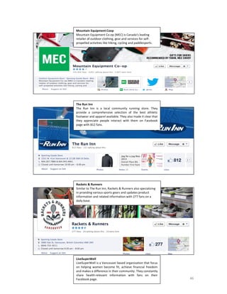  
	
  
	
  
	
  
	
  
	
  
	
  
	
  
	
  
	
  
	
  
	
  
	
  
	
  
	
  
	
  
	
  
	
  
	
  
	
  
	
  
	
  
	
  
	
  
	
  
	
  
	
  
	
  
	
  
	
  
	
  
	
  
	
  
	
  
	
  
	
  
	
  

	
  

Mountain	
  Equipment	
  Coop	
  	
  	
  	
  	
  
Mountain	
  Equipment	
  Co-­‐op	
  (MEC)	
  is	
  Canada's	
  leading	
  
retailer	
  of	
  outdoor	
  clothing,	
  gear	
  and	
  services	
  for	
  self-­‐
propelled	
  activities	
  like	
  hiking,	
  cycling	
  and	
  paddlesports.	
  

The	
  Run	
  Inn	
  	
  	
  	
  	
  	
  	
  
The	
   Run	
   Inn	
   is	
   a	
   local	
   community	
   running	
   store.	
   They	
  
provide	
   a	
   comprehensive	
   selection	
   of	
   the	
   best	
   athletic	
  
footwear	
  and	
  apparel	
  available.	
  They	
  also	
  made	
  it	
  clear	
  that	
  
they	
   appreciate	
   people	
   interact	
   with	
   them	
   on	
   Facebook	
  
page	
  with	
  812	
  fans.	
  
	
  

Rackets	
  &	
  Runners	
  	
  
Similar	
  to	
  The	
  Run	
  Inn,	
  Rackets	
  &	
  Runners	
  also	
  specializing	
  
in	
  providing	
  various	
  sports	
  gears	
  and	
  updates	
  product	
  
information	
  and	
  related	
  information	
  with	
  277	
  fans	
  on	
  a	
  
daily	
  base.	
  	
  
	
  

LiveSuperWell	
  	
  	
  
LiveSuperWell	
  is	
  a	
  Vancouver	
  based	
  organization	
  that	
  focus	
  
on	
   helping	
   women	
   become	
   fit,	
   achieve	
   financial	
   freedom	
  
and	
  makes	
  a	
  difference	
  in	
  their	
  community.	
  They	
  constantly	
  
share	
   health-­‐relevant	
   information	
   with	
   fans	
   on	
   their	
  
Facebook	
  page.	
  	
  
	
  

46	
  

 