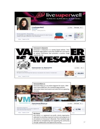  
	
  
	
  
	
  
	
  
	
  
	
  
	
  
	
  
	
  
	
  
	
  
	
  
	
  
	
  
	
  
	
  
	
  
	
  
	
  
	
  
	
  
	
  
	
  
	
  
	
  
	
  
	
  
	
  
	
  
	
  
	
  
	
  
	
  
	
  
	
  
	
  

	
  

Vancouver	
  Is	
  Awesome	
  	
  
Vancouver	
   Is	
   Awesome	
   is	
   a	
   society	
   based	
   website.	
   Their	
  
Facebook	
  pages	
  gathers	
  more	
  than	
  20,000	
  fans	
  and	
  reports	
  
on	
   various	
   information	
   that	
   promotes	
   a	
   positive	
   image	
  
towards	
  the	
  city	
  

VancouverMom.ca	
  
Vancouver	
  Mom.ca	
  is	
  an	
  online	
  magazine	
  for	
  moms.	
  	
  With	
  
more	
  nearly	
  4000	
  fans,	
  this	
  Facebook	
  page	
  publishes	
  
information	
  about	
  local	
  events	
  and	
  news	
  that	
  are	
  appealing	
  
to	
  moms.	
  	
  
	
  

Kits	
  House	
  	
  
Kits	
   House	
   is	
   a	
   registered	
   non-­‐profit,	
   charity	
   organization	
  
dedicated	
  to	
  providing	
  important	
  services	
  and	
  programs	
  to	
  
all	
  residents	
  on	
  Vancouver’s	
  Westside.	
  Their	
  Facebook	
  page	
  
dedicated	
  to	
  strengthening	
  and	
  supporting	
  the	
  community	
  
through	
  collaboration	
  and	
  opportunity	
  sharing.	
  	
  
	
  

47	
  

 