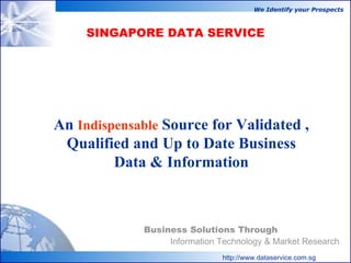 Information Technology & Market Research http://www.dataservice.com.sg Business Solutions Through SINGAPORE DATA SERVICE We Identify your   Prospects   An  Indispensable  Source for Validated , Qualified and Up to Date Business Data & Information 