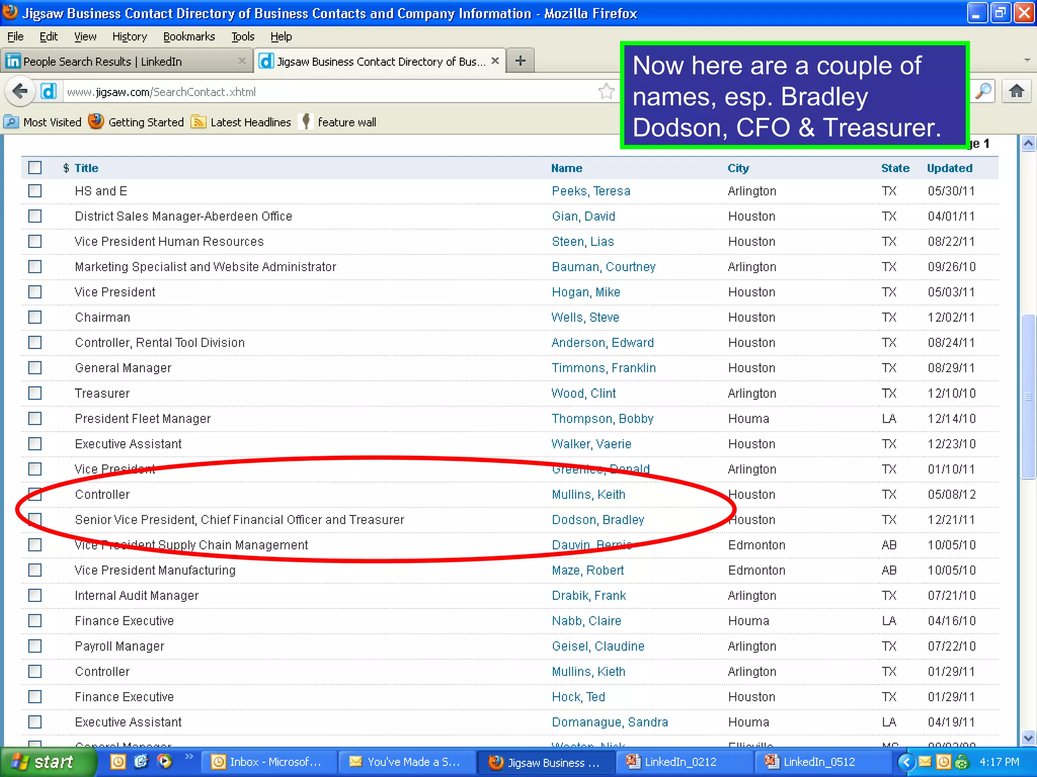 Now here are a couple of
names, esp. Bradley
Dodson, CFO & Treasurer.
 