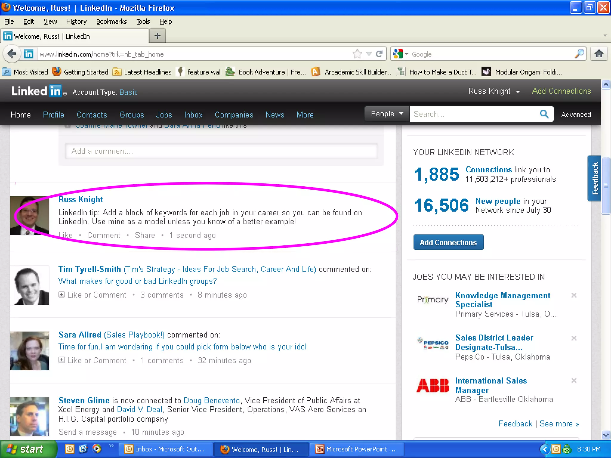 • Status update screen shot
 
