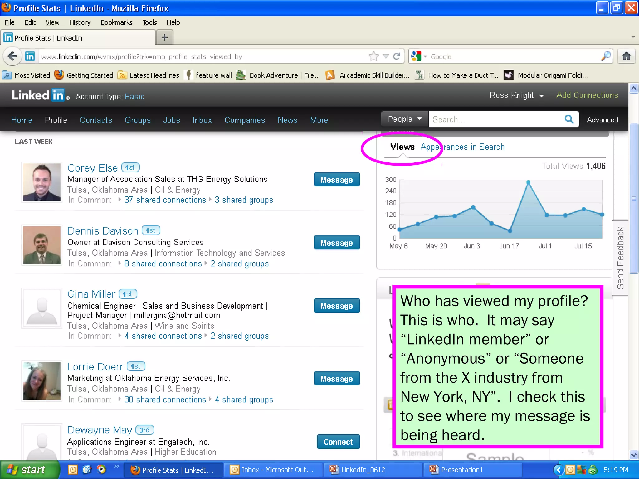 Who has viewed my profile?
This is who. It may say
“LinkedIn member” or
“Anonymous” or “Someone
from the X industry from
New York, NY”. I check this
to see where my message is
being heard.
 