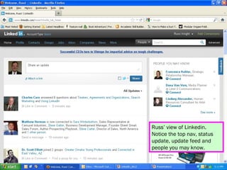 Russ’ view of Linkedin.
Notice the top nav, status
update, update feed and
people you may know.
 