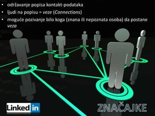 održavanje popisa kontakt-podatakaljudi na popisu = veze(Connections)moguće pozivanje bilo koga (znana ili nepoznata osoba) da postane vezaZNAČAJKE