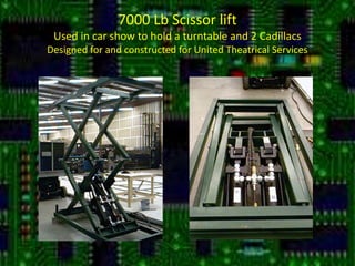 7000 Lb Scissor liftUsed in car show to hold a turntable and 2 CadillacsDesigned for and constructed for United Theatrical Services