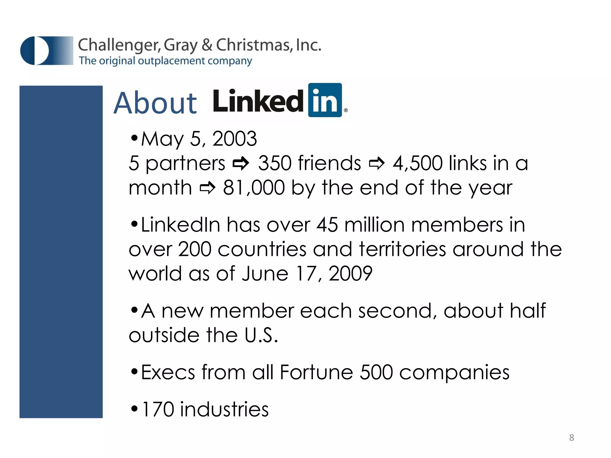 About  May 5, 2003 5 partners      350 friends      4,500 links in a month      81,000   by the end of the year   LinkedIn has over 45 million members in over 200 countries and territories around the world as of June 17, 2009 A new member each second, about half  outside the U.S. Execs from all Fortune 500 companies 170 industries 