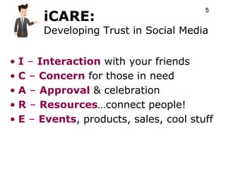 5
      iCARE:
      Developing Trust in Social Media


• I – Interaction with your friends
• C – Concern for those in need
• A – Approval & celebration
• R – Resources…connect people!
• E – Events, products, sales, cool stuff
 
