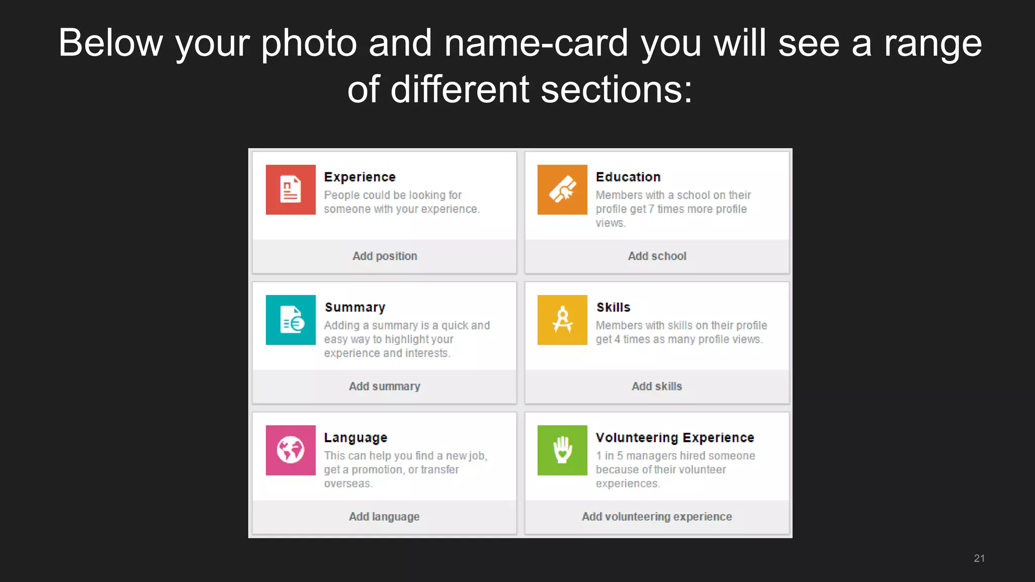 Write a
compelling Summary
3
This is your Elevator Pitch
Reference some of what you have done, some
of what you are doing now, but focus on your
future potential and aspirations
Keep it short; no more than 2 paragraphs
21
 
