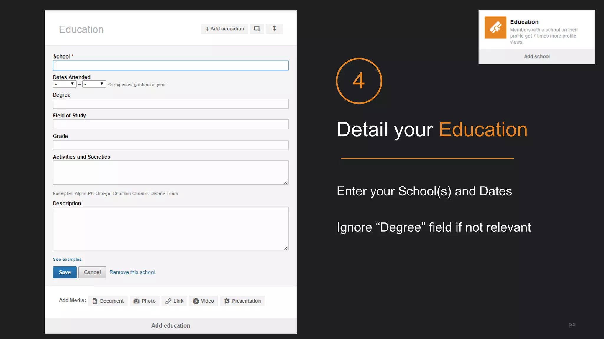 Add your nonprofit
program to the
“Education” section
24
• Connect with other
alumni
• Pay it forward: coach or
mentor current students
in your program
• Stay in touch
Type your program name,
and enter the relevant dates
 