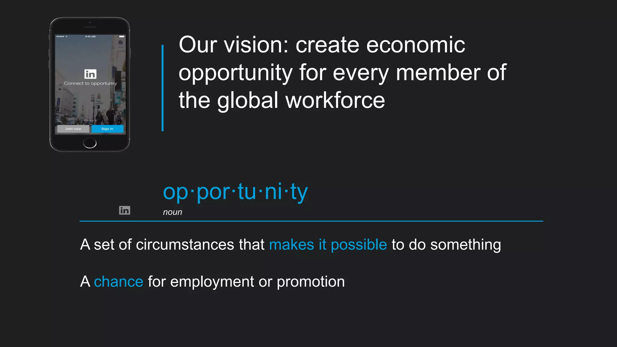 Our vision: create economic
opportunity for every member of
the global workforce
A set of circumstances that makes it possible to do something
A chance for employment or promotion
op·por·tu·ni·ty
noun
 