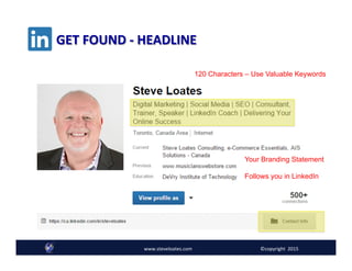 GET	
  FOUND	
  -­‐	
  HEADLINE	
  
1.888.575.5385
120 Characters – Use Valuable Keywords
Your Branding Statement
Follows you in LinkedIn
www.steveloates.com	
   ©copyright	
  	
  2015
 