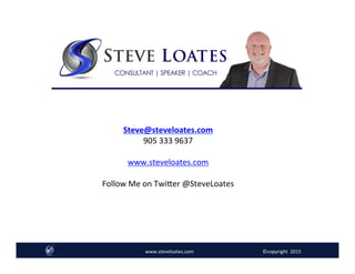 Steve@steveloates.com	
  
905	
  333	
  9637	
  
	
  
www.steveloates.com	
  
	
  
Follow	
  Me	
  on	
  Twiher	
  @SteveLoates	
  
www.steveloates.com	
   ©copyright	
  	
  2015
 