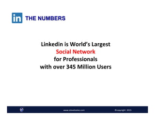 www.ecommerceessentials.cawww.steveloates.com
Linkedin	
  is	
  World’s	
  Largest	
  	
  
Social	
  Network	
  	
  
for	
  Professionals	
  	
  
with	
  over	
  345	
  Million	
  Users	
  
THE NUMBERS	
  
www.steveloates.com	
   ©copyright	
  	
  2015
 