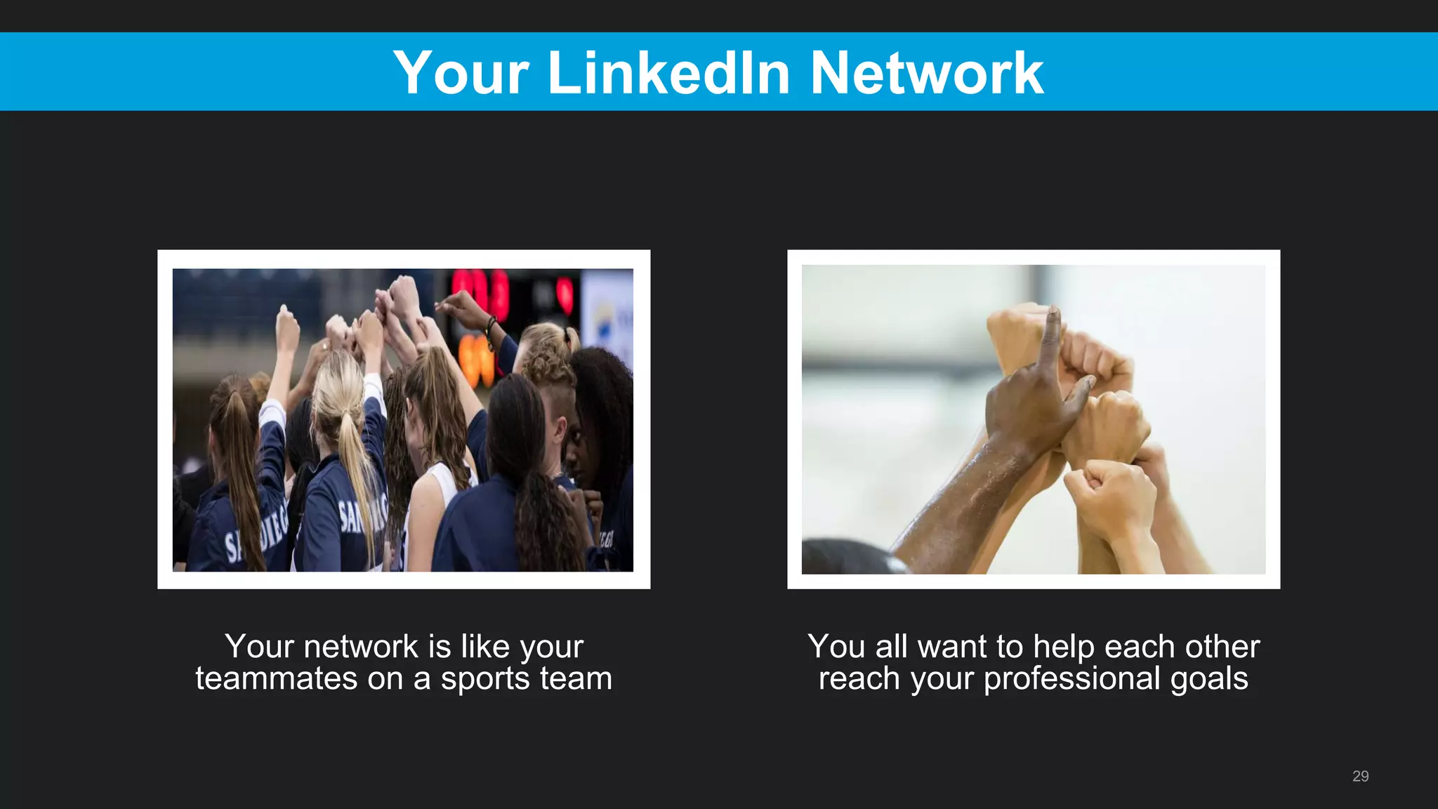 29
Your network is like your
teammates on a sports team
You all want to help each other
reach your professional goals
Your LinkedIn Network
 