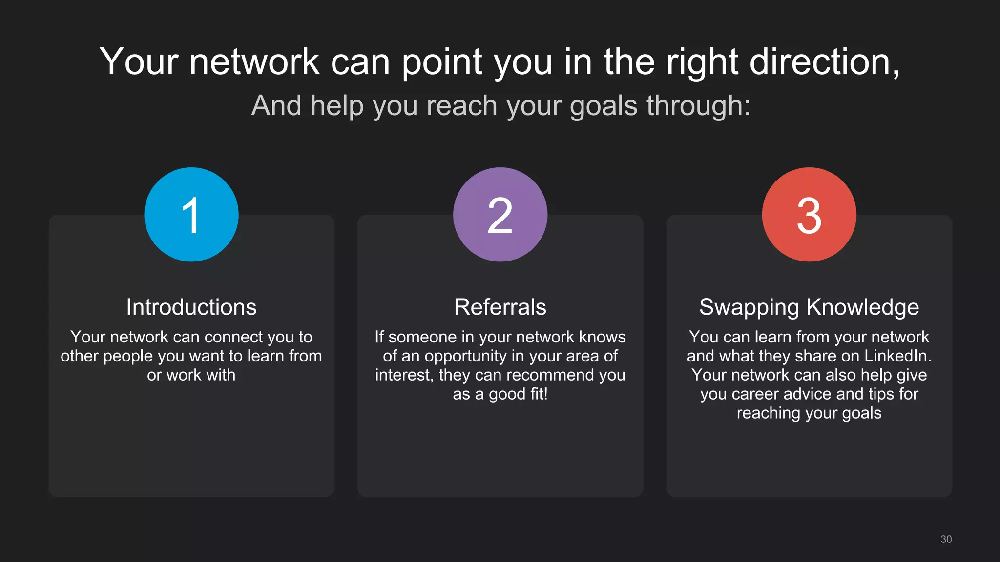 And help you reach your goals through:
30
Your network can point you in the right direction,
1
Introductions
Your network can connect you to
other people you want to learn from
or work with
2
Referrals
If someone in your network knows
of an opportunity in your area of
interest, they can recommend you
as a good fit!
3
Swapping Knowledge
You can learn from your network
and what they share on LinkedIn.
Your network can also help give
you career advice and tips for
reaching your goals
 