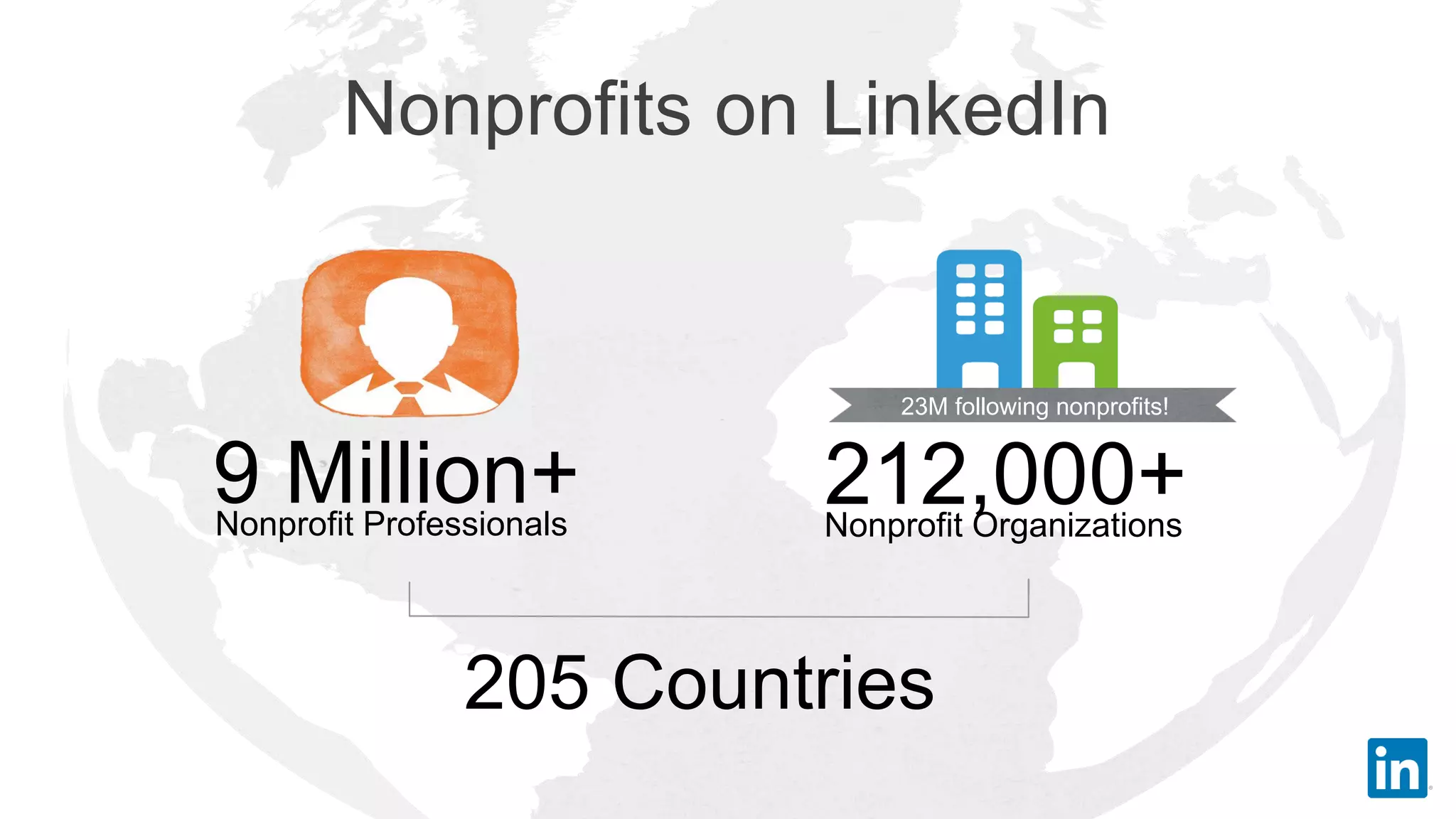 205 Countries
9 Million+Nonprofit Professionals
212,000+Nonprofit Organizations
23M following nonprofits!
Nonprofits on LinkedIn
 