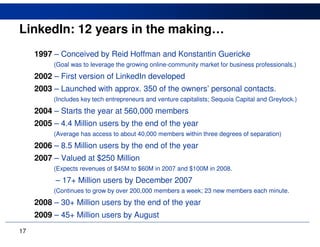 LinkedIn: 12 years in the making…
     1997 – Conceived by Reid Hoffman and Konstantin Guericke
          (Goal was to leverage the growing online-community market for business professionals.)
     2002 – First version of LinkedIn developed
     2003 – Launched with approx. 350 of the owners’ personal contacts.
          (Includes key tech entrepreneurs and venture capitalists; Sequoia Capital and Greylock.)
     2004 – Starts the year at 560,000 members
     2005 – 4.4 Million users by the end of the year
          (Average has access to about 40,000 members within three degrees of separation)
     2006 – 8.5 Million users by the end of the year
     2007 – Valued at $250 Million
          (Expects revenues of $45M to $60M in 2007 and $100M in 2008.
           – 17+ Million users by December 2007
          (Continues to grow by over 200,000 members a week; 23 new members each minute.
     2008 – 30+ Million users by the end of the year
     2009 – 45+ Million users by August
17
 