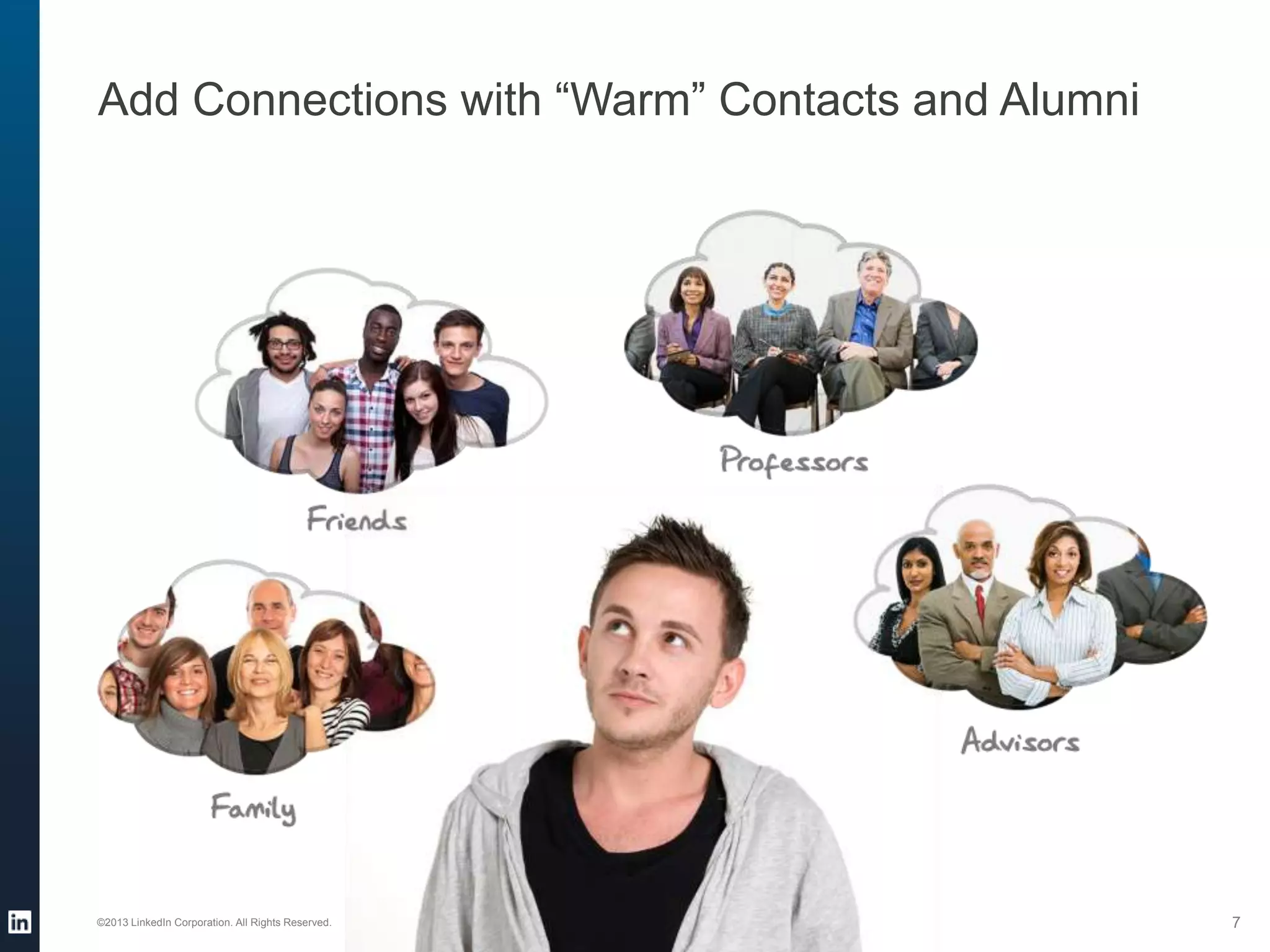 Add Connections with “Warm” Contacts and Alumni
©2013 LinkedIn Corporation. All Rights Reserved. 7
 