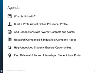 Agenda
What Is LinkedIn?
Build a Professional Online Presence: Profile
Add Connections with “Warm” Contacts and Alumni
Research Companies & Industries: Company Pages
Help Undecided Students Explore Opportunities
Find Relevant Jobs and Internships: Student Jobs Portal
©2013 LinkedIn Corporation. All Rights Reserved. 2
 