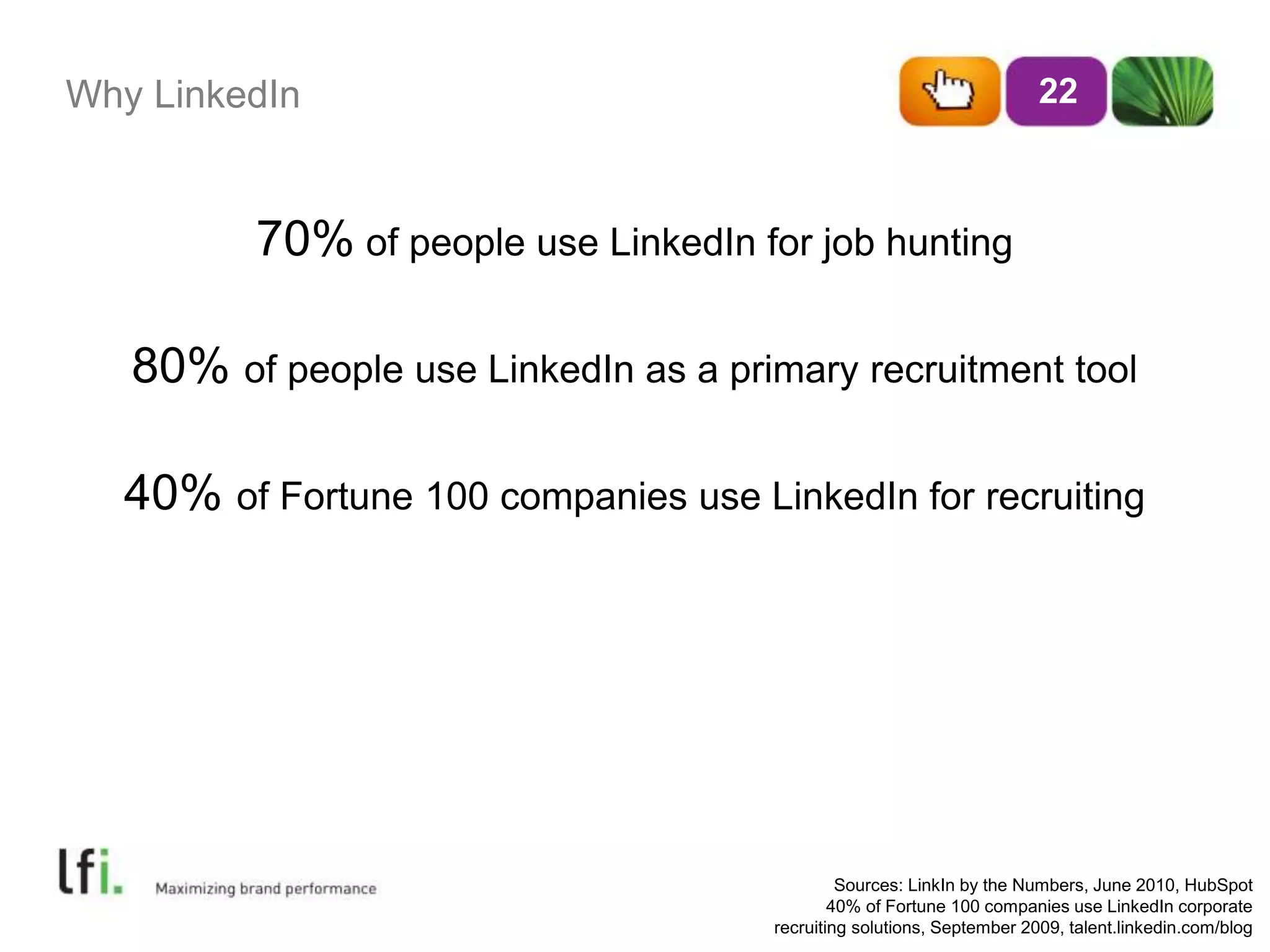 Why LinkedIn 22 
70% of people use LinkedIn for job hunting 
80% of people use LinkedIn as a primary recruitment tool 
40% of Fortune 100 companies use LinkedIn for recruiting 
Sources: LinkIn by the Numbers, June 2010, HubSpot 
40% of Fortune 100 companies use LinkedIn corporate 
recruiting solutions, September 2009, talent.linkedin.com/blog 
 