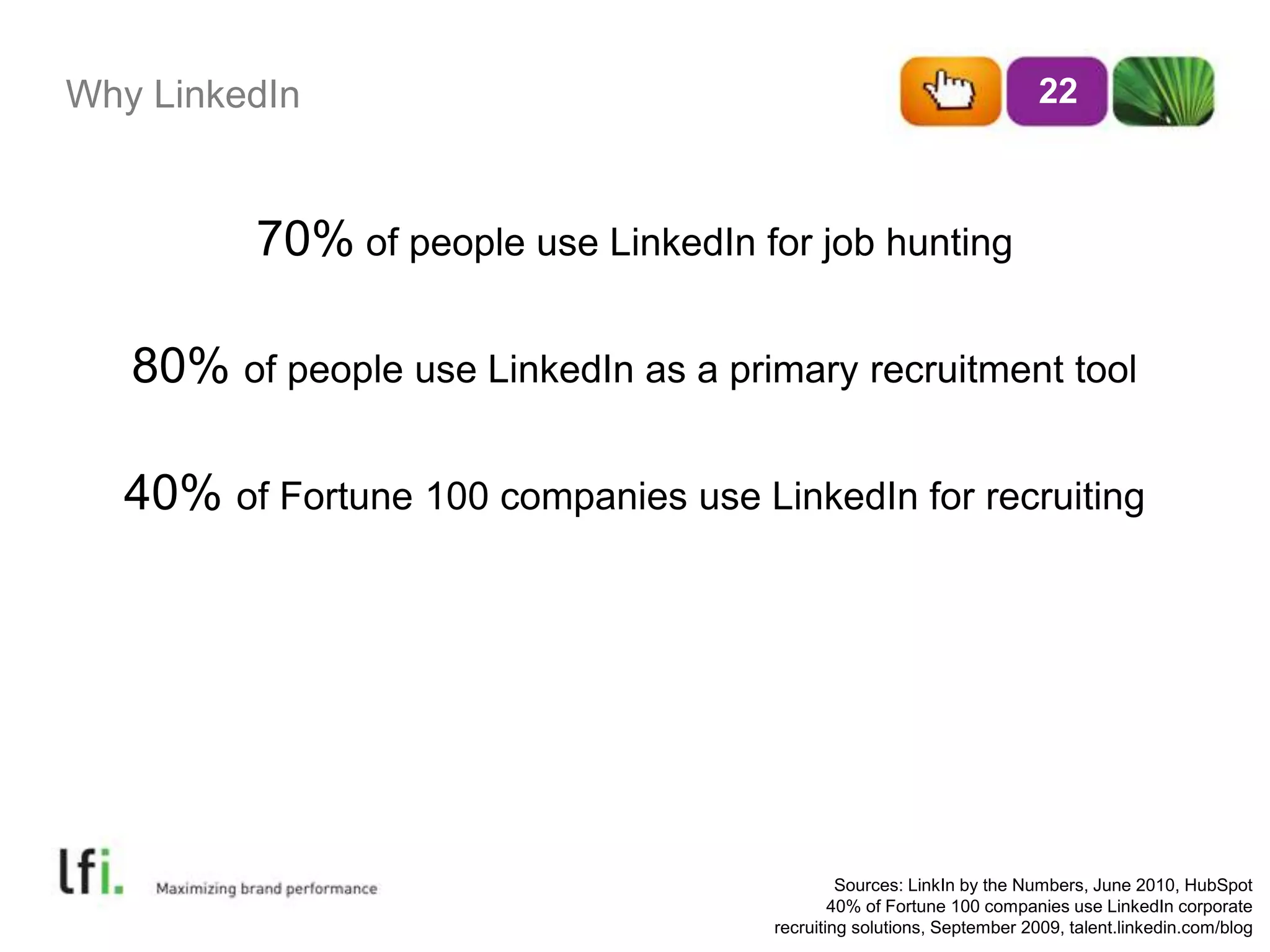 Why LinkedIn 22
Sources: LinkIn by the Numbers, June 2010, HubSpot
40% of Fortune 100 companies use LinkedIn corporate
recruiting solutions, September 2009, talent.linkedin.com/blog
70% of people use LinkedIn for job hunting
80% of people use LinkedIn as a primary recruitment tool
40% of Fortune 100 companies use LinkedIn for recruiting
 