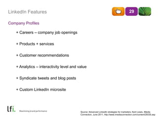 LinkedIn Features
Company Profiles
29
+ Careers – company job openings
+ Products + services
+ Customer recommendations
+ ...
