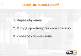 РАЗВИТИЕ КОМПЕТЕНЦИЙ




     1. Через обучение

     2. В ходе производственной практики

     3. «Боевое» применение




12                                   www.pmcity.ru
 