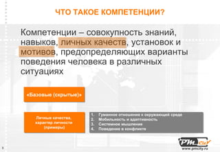 ЧТО ТАКОЕ КОМПЕТЕНЦИИ?

    Компетенции – совокупность знаний,
    навыков, личных качеств, установок и
    мотивов, предопределяющих варианты
    поведения человека в различных
    ситуациях

     «Базовые (скрытые)»
     «Базовые (скрытые)»


                           1.   Гуманное отношение к окружающей среде
       Личные качества,
        Личные качества,   2.   Мобильность и адаптивность
       характер личности
       характер личности   3.   Системное мышление
           (примеры)
           (примеры)       4.   Поведение в конфликте



5                                                                   www.pmcity.ru
 