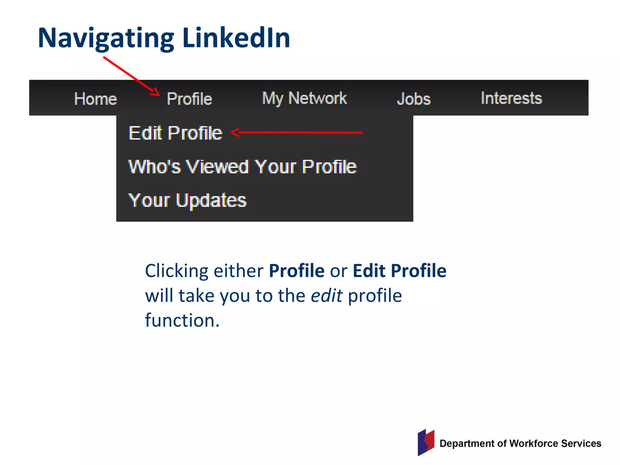 Navigating LinkedIn
Clicking either Profile or Edit Profile
will take you to the edit profile
function.
 
