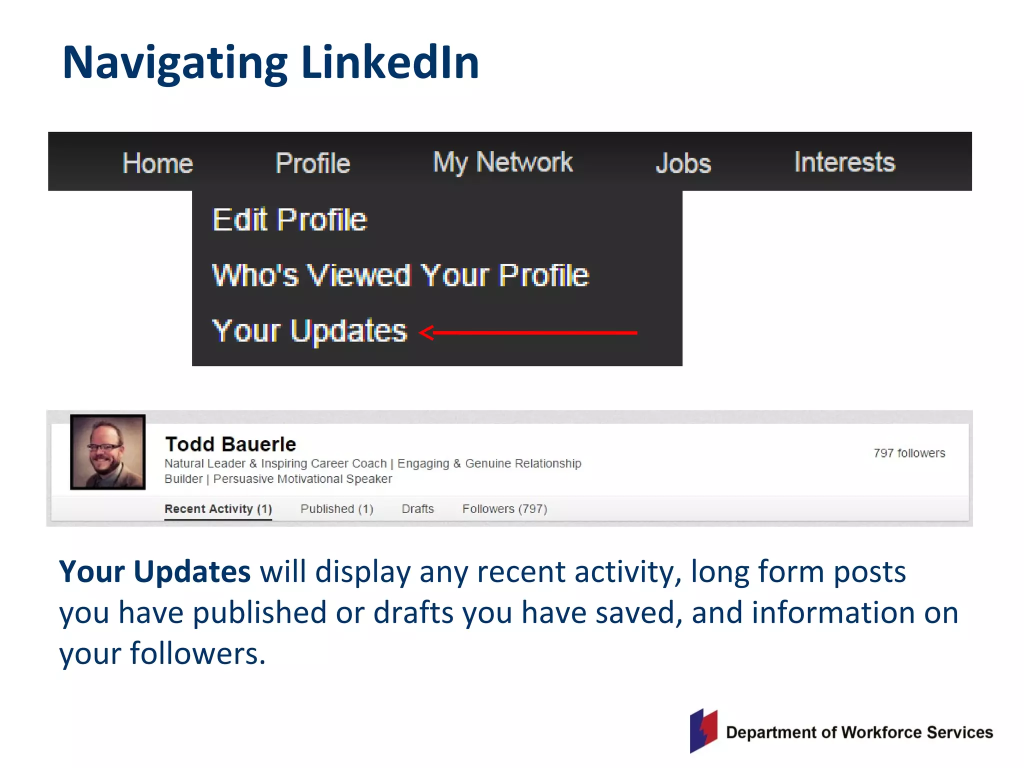 Navigating LinkedIn
Your Updates will display any recent activity, long form posts
you have published or drafts you have saved, and information on
your followers.
 