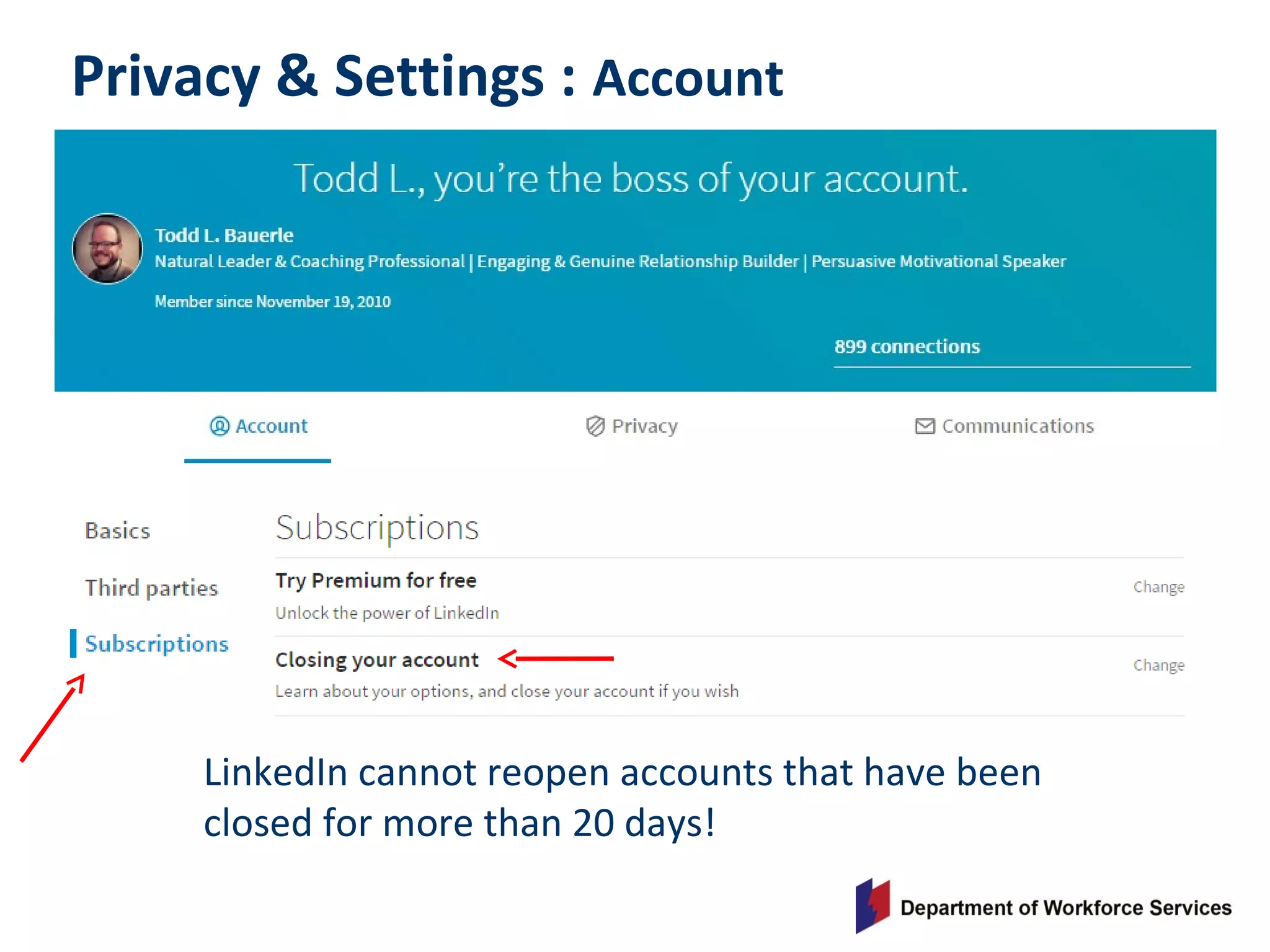 Privacy & Settings : Account
LinkedIn cannot reopen accounts that have been
closed for more than 20 days!
 