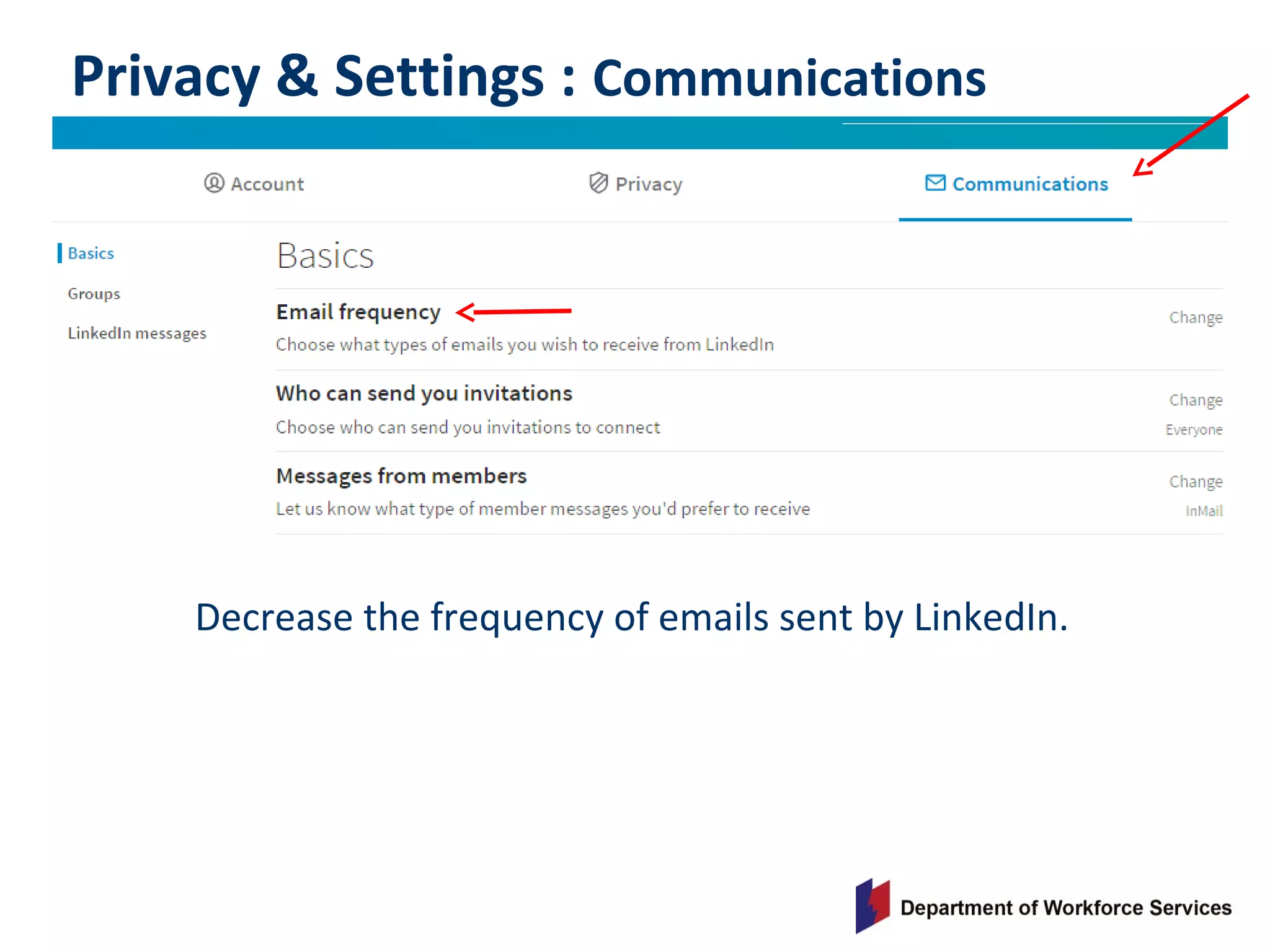 Privacy & Settings : Communications
Decrease the frequency of emails sent by LinkedIn.
 