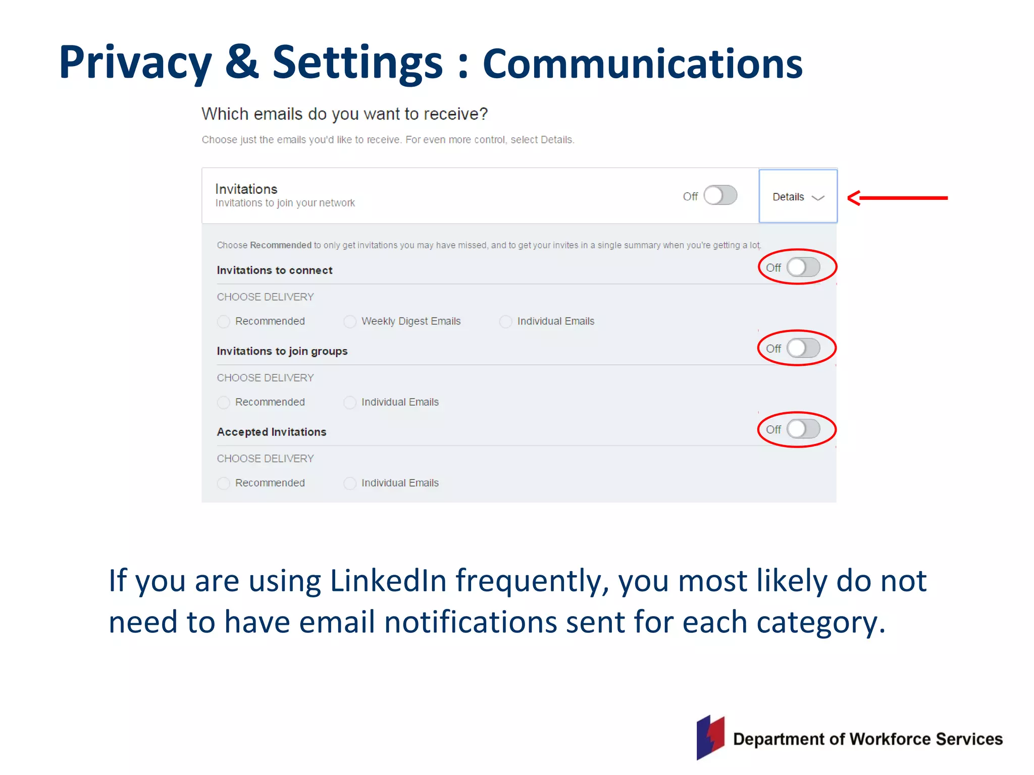 Privacy & Settings : Communications
If you are using LinkedIn frequently, you most likely do not
need to have email notifications sent for each category.
 