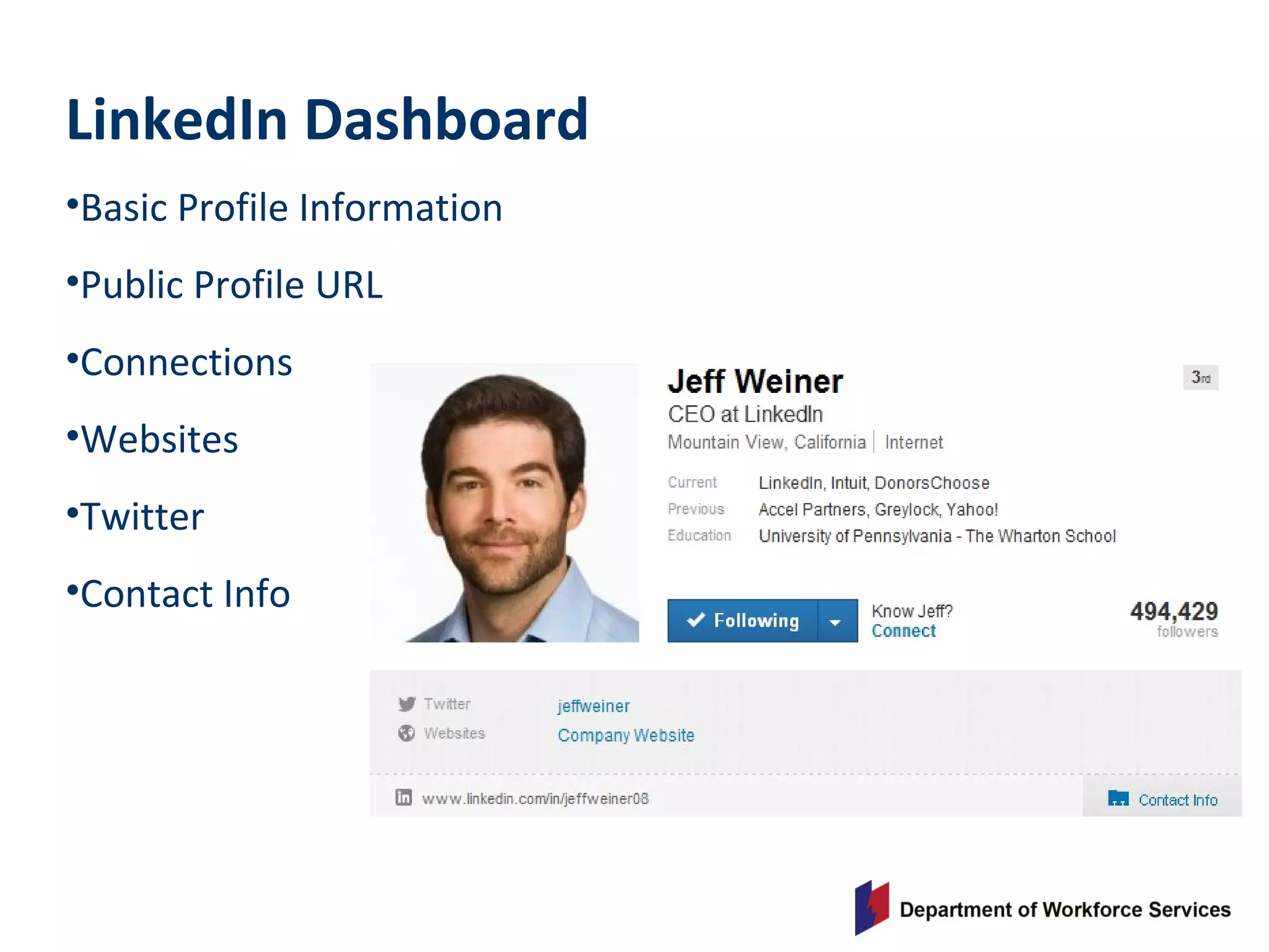 LinkedIn Dashboard
•Basic Profile Information
•Public Profile URL
•Connections
•Websites
•Twitter
•Contact Info
 