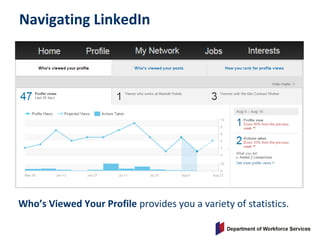 Navigating LinkedIn
Who’s Viewed Your Profile provides you a variety of statistics.
 
