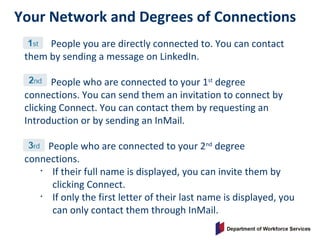 Your Network and Degrees of Connections
People you are directly connected to. You can contact
them by sending a message on LinkedIn.
People who are connected to your 1st
degree
connections. You can send them an invitation to connect by
clicking Connect. You can contact them by requesting an
Introduction or by sending an InMail.
People who are connected to your 2nd
degree
connections.
• If their full name is displayed, you can invite them by
clicking Connect.
• If only the first letter of their last name is displayed, you
can only contact them through InMail.
 