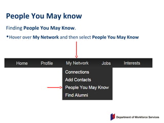 Finding People You May Know.
Hover over My Network and then select People You May Know
People You May know
 